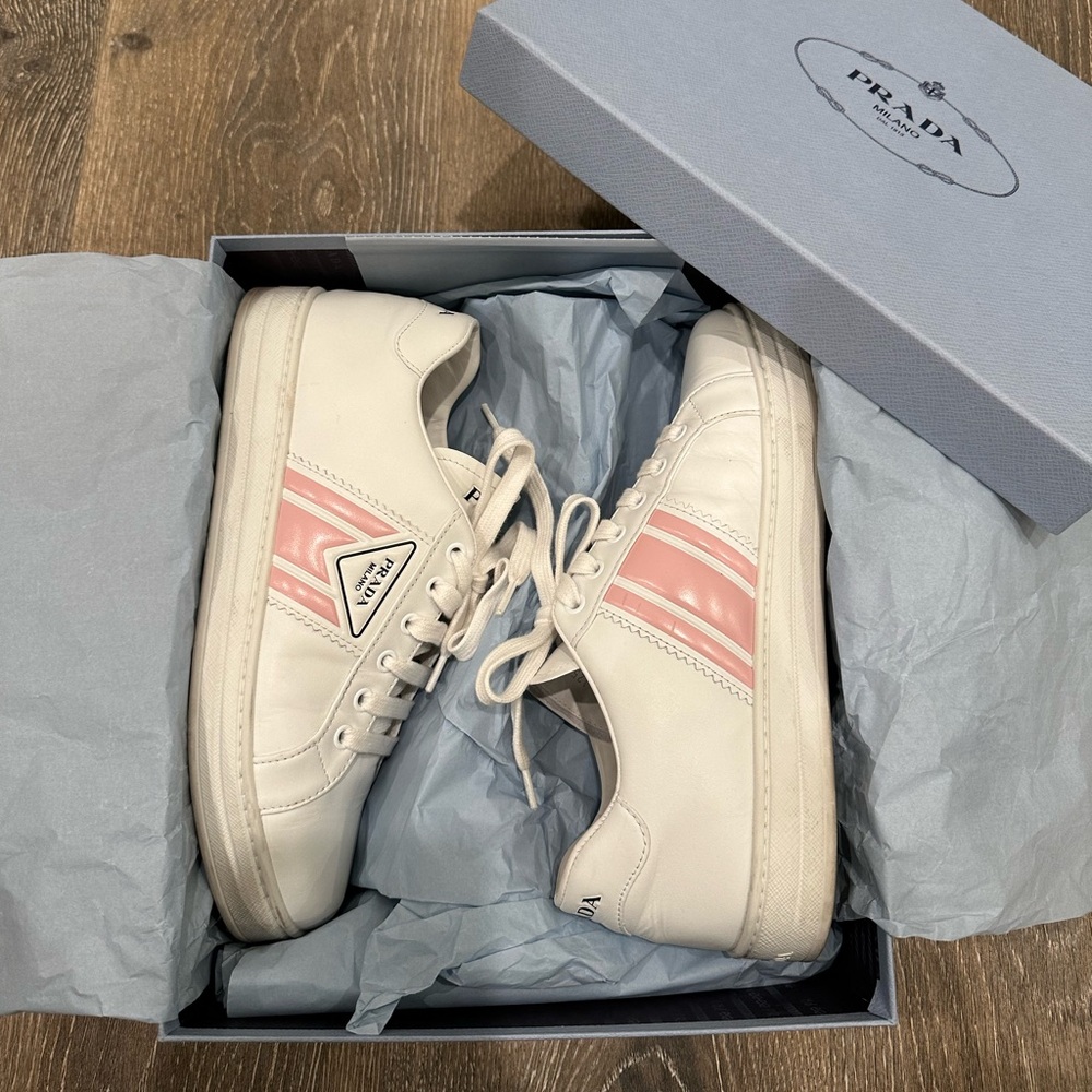 Prada Logo Stripe Leather Sneakers